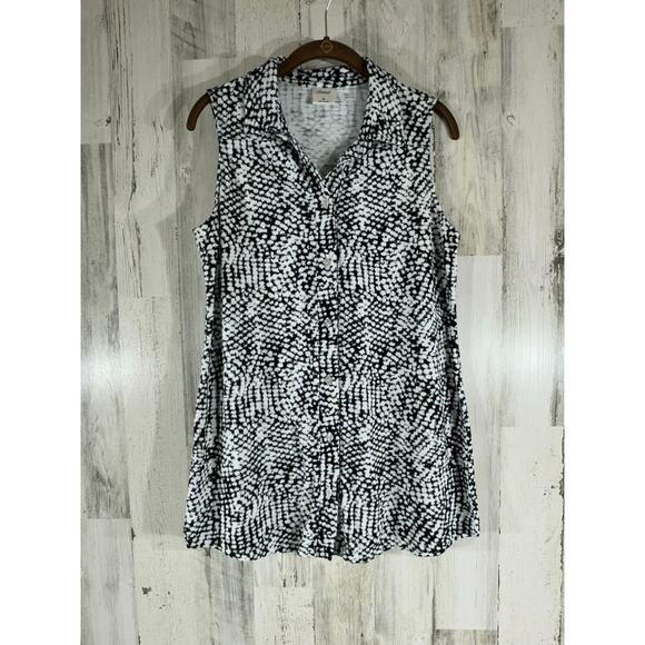 Soma Button Up Blouse Top Size Medium Black White Print Collared Sleeveless - Picture 1 of 8